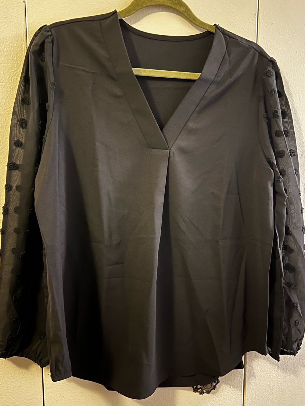 Black V-Neck Blouse with Sheer Dot Sleeves by Samefar (Size L) NIB